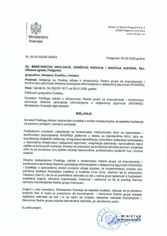 Mišljenje na Predlog odluke o obrazovanju Radne grupe za popunjavanje i kontinuirano ažuriranje Sistema upravljanja informacijama o radijacionoj sigurnosti