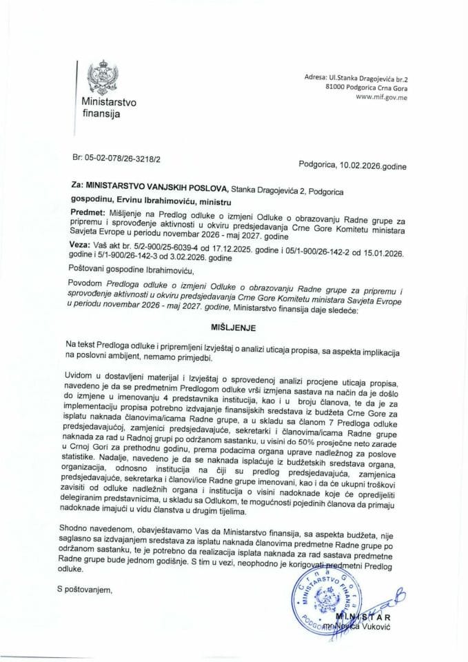 Mišljenje na Predlog odluke o izmjeni Odluke o obrazovanju Radne grupe za pripremu i sprovođenje aktivnosti u okviru predsjedavanja Crne Gore Komitetu ministara Savjeta Evrope u periodu novembar 2026 - maj 2027. godine