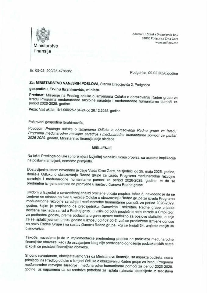 Mišljenje na Predlog odluke o izmjenama Odluke o obrazovanju Radne grupe za izradu Programa međunarodne razvojne saradnje i međunarodne humanitarne pomoći za period 2026-2029. godine