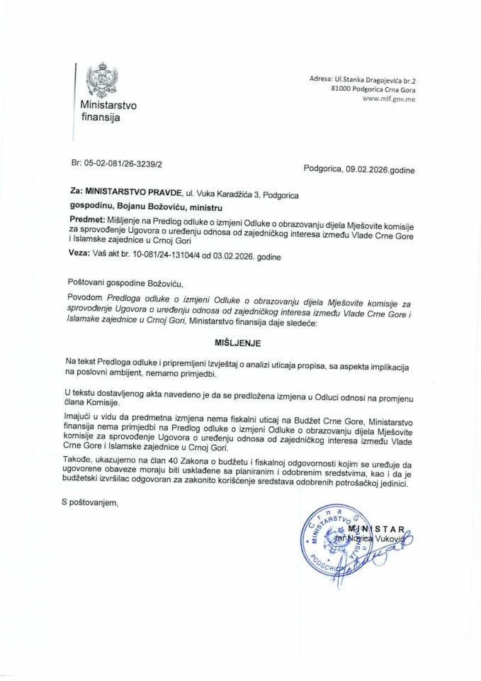 Mišljenje na Predlog odluke o izmjeni Odluke o obrazovanju dijela Mješovite komisije za sprovođenje Ugovora o uređenju odnosa od zajedničkog interesa između Vlade Crne Gore i Islamske zajednice u Crnoj Gori
