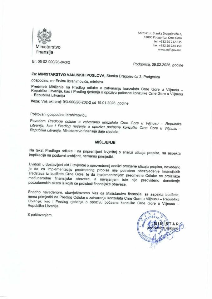 Mišljenje na Predlog odluke o zatvaranju konzulata Crne Gore u Viljnusu - Republika Litvanija, kao i Predlog rješenja o opozivu počasne konzulke Crne Gore u Viljnusu - Republika Litvanija