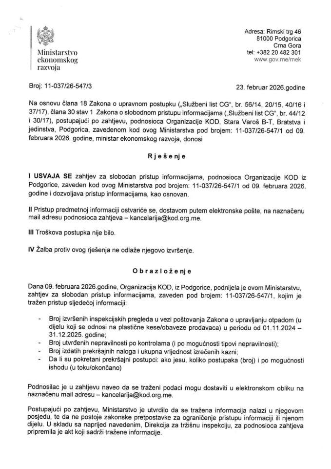 Rješenje i informacija ORG KOD 547 - slobodan pristup informacijama MER