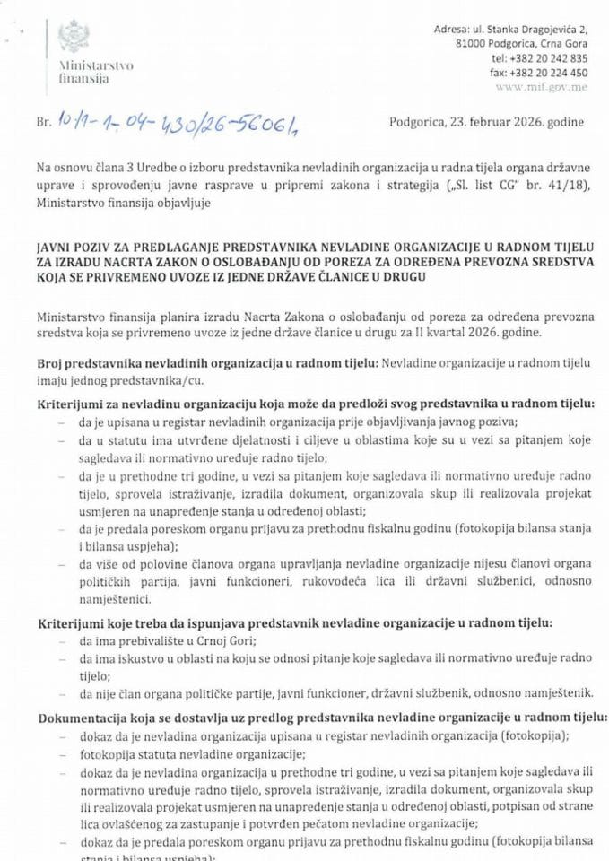 Javni poziv za predlaganje predstavnika nevladine organizacije u radnom tijelu za izradu Nacrta Zakona o oslobađanju od poreza za određena prevozna sredstva koja se privremeno uvoze i