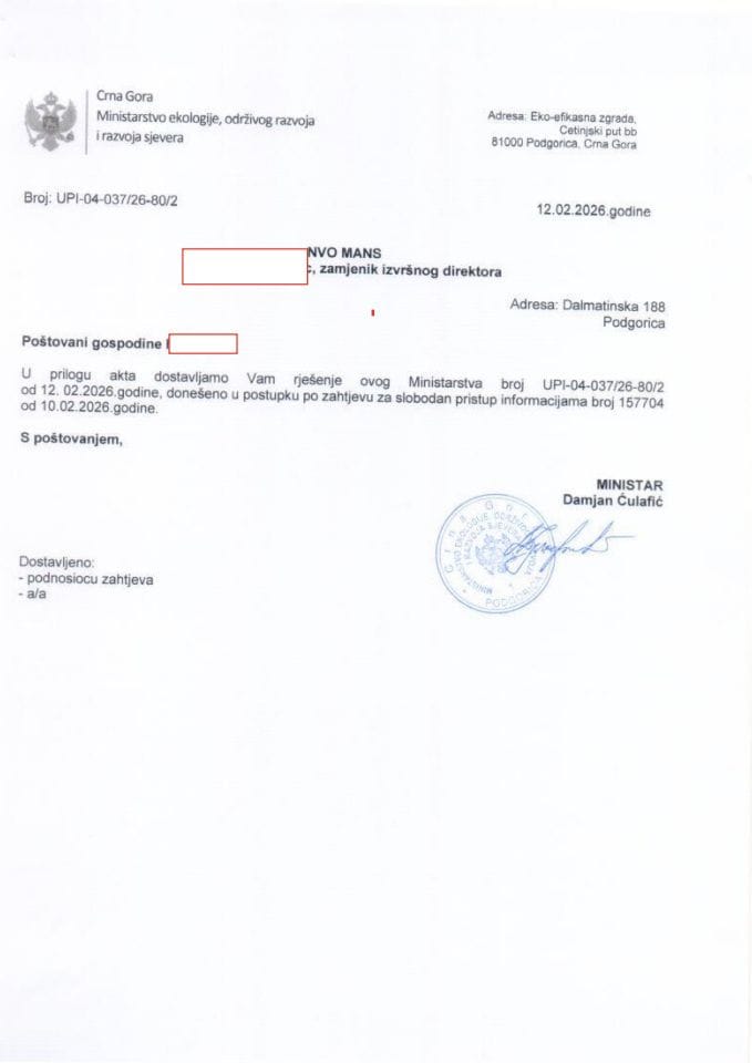 Rjesenje po zahtjevu NVO MANS br UPI-04-03726-802 od 12. 02.2026.godine