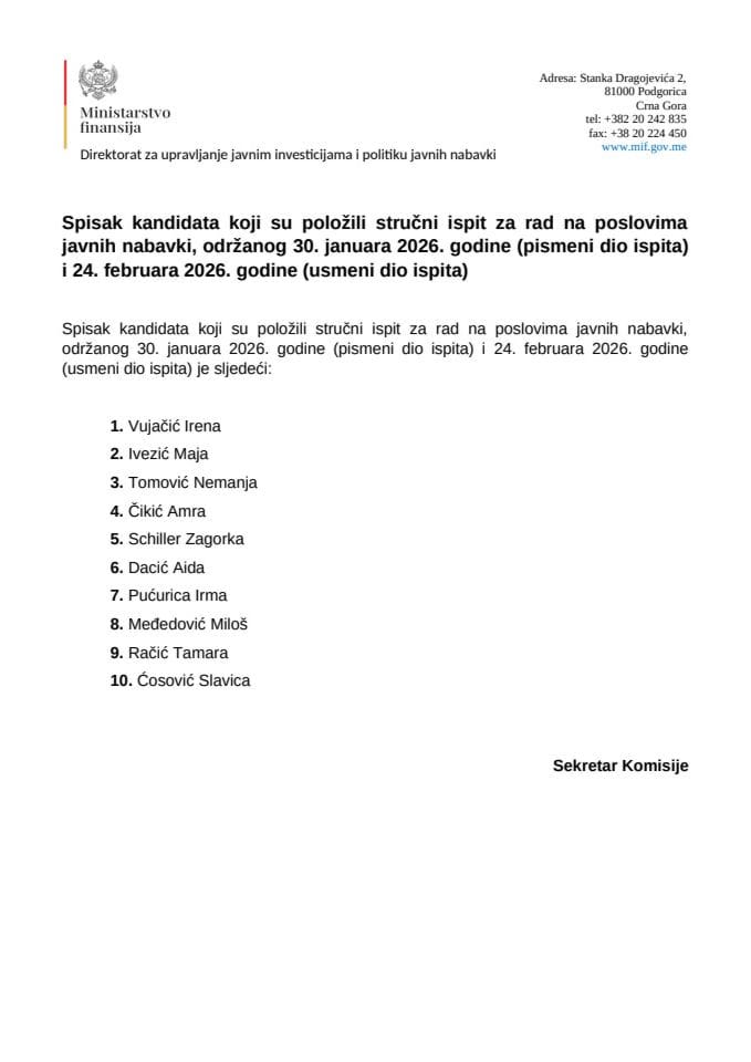 Списак кандидата који су положили стручни испит за рад на пословима јавних набавки, одржаног 30. јануара 2026. године (писмени дио испита) и 24. фебруара 2026. године (усмени дио испита)