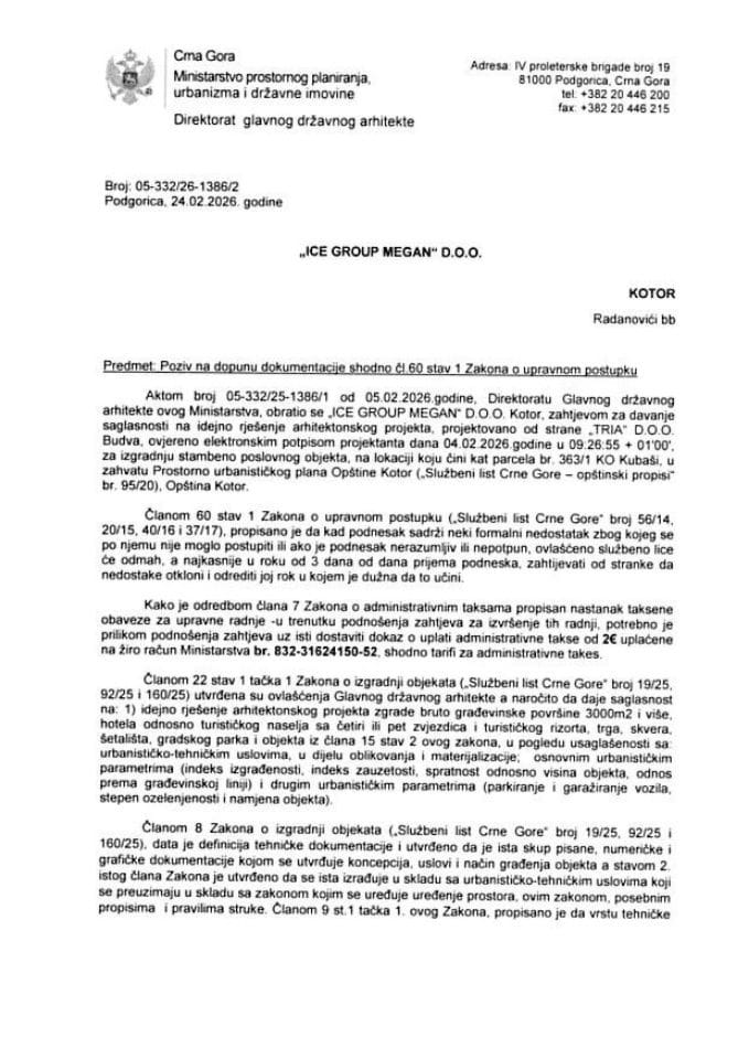 Obavještenja - Saglasnosti glavnog državnog arhitekte - 24.02.2026 Obavještenje -ICE GROUP MEGAN DOO, Kotor  -Opština Kotor