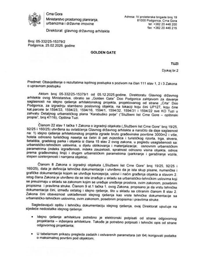 Obavještenja - Saglasnosti glavnog državnog arhitekte - 25.02.2026 Obavještenje -GOLDEN GATE DOO, Tuzi -Opština Tuzi