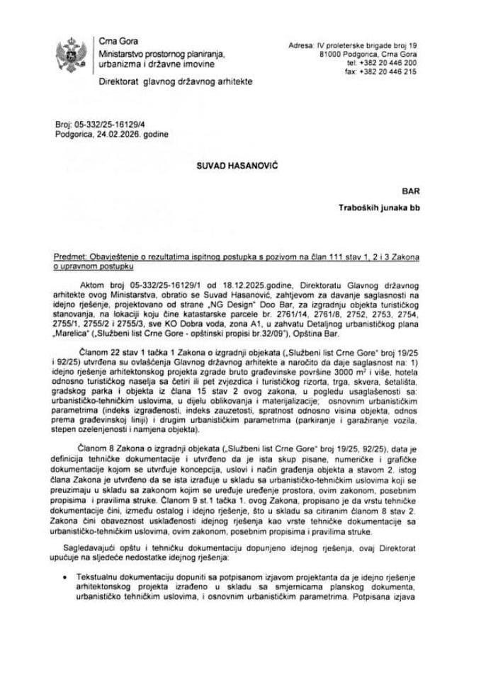 Obavještenja - Saglasnosti glavnog državnog arhitekte - 24.02.2026 Obavještenje -Suvad Hasanović -Opština Bar