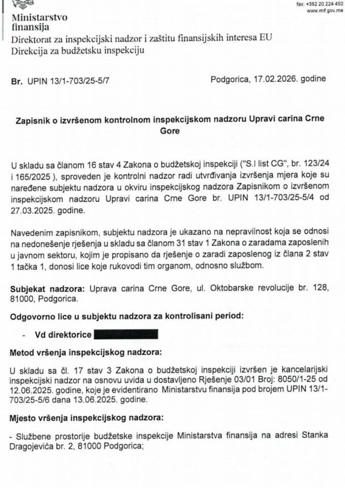 Записник о извршеном контролном инспекцијском надзору у Управи царина Црне Горе
