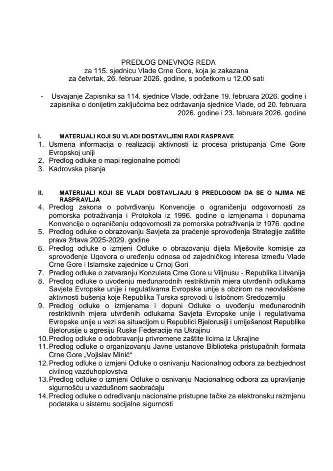 Predlog dnevnog reda za 115. sjednicu Vlade Crne Gore