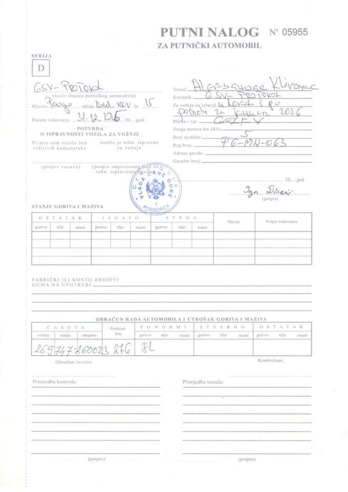 Putni nalozi za korišćenje službenih vozila u periodu od 01.01. do 31.01.2026. godine