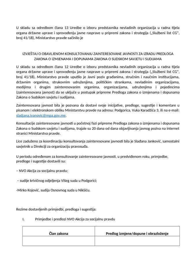 Izvještaj o obavljenom konsultovanju javnosti za izradu Predloga zakona o izmjenama i dopunama Zakona o Sudskom savjetu i sudijama