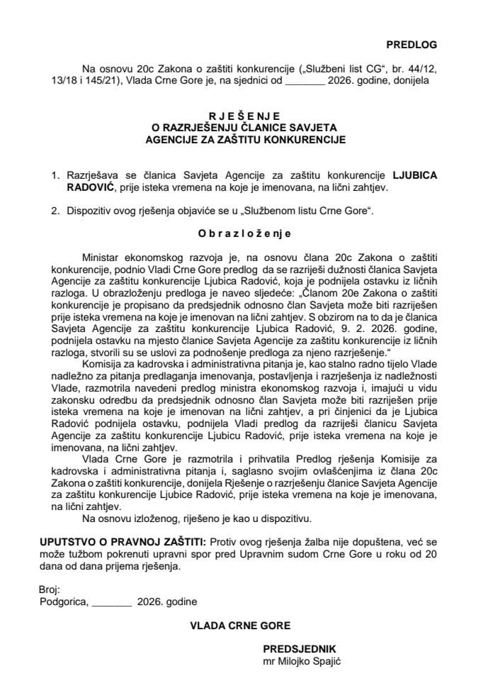 Predlog za razrješenje članice Savjeta Agencije za zaštitu konkurencije