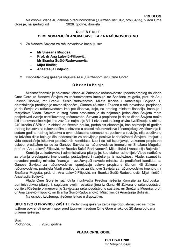 Predlog za imenovanje članova Savjeta za računovodstvo