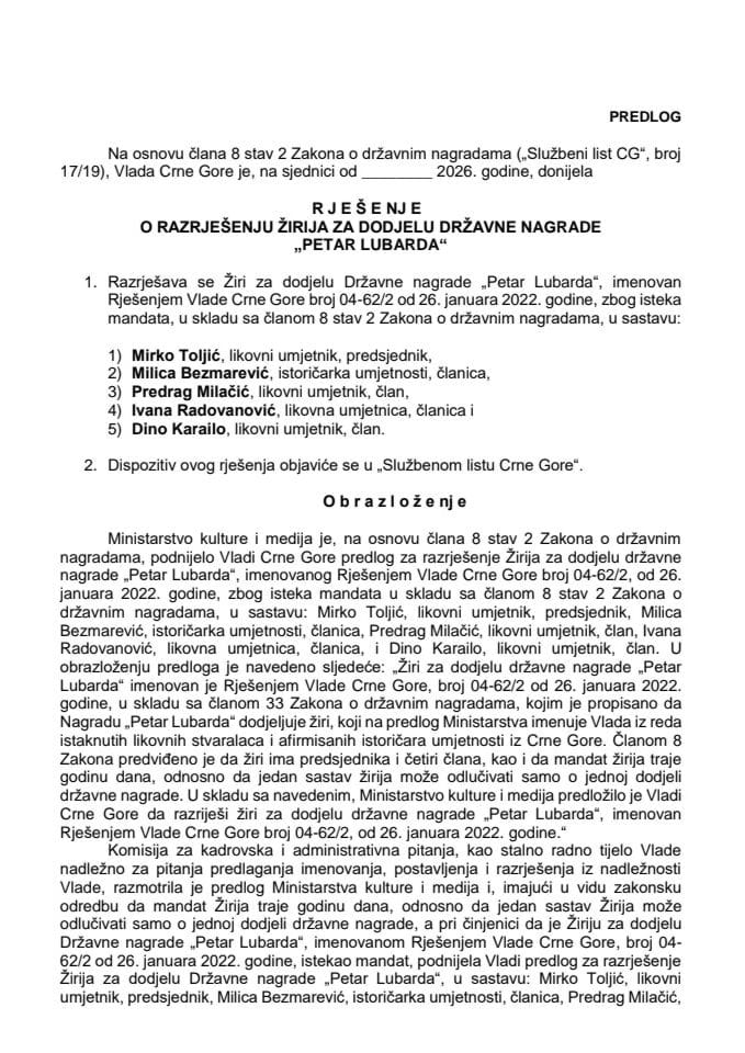 Predlog za razrješenje Žirija za dodjelu Državne nagrade Petar Lubarda