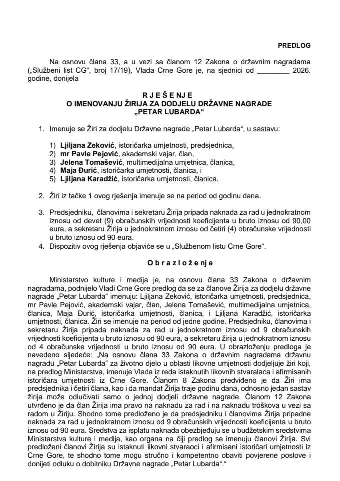 Predlog za imenovanje Žirija za dodjelu Državne nagrade Petar Lubarda