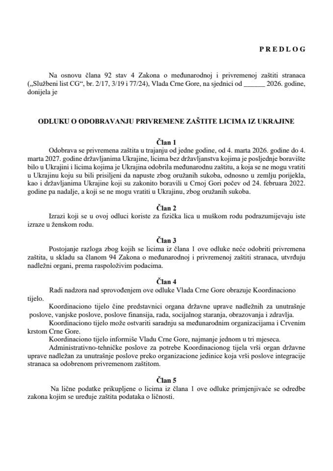 Predlog odluke o odobravanju privremene zaštite licima iz Ukrajine