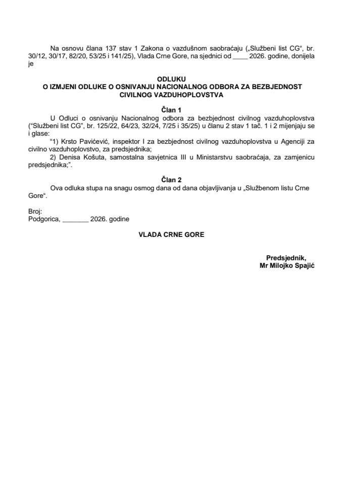 Predlog odluke o izmjeni Odluke o osnivanju Nacionalnog odbora za bezbjednost civilnog vazduhoplovstva