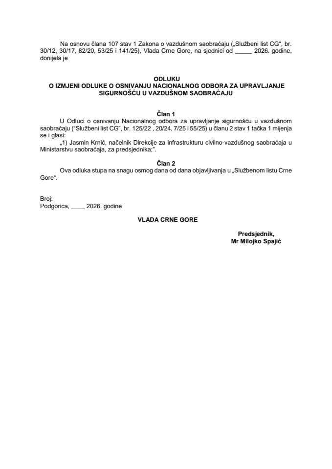 Predlog odluke o izmjeni Odluke o osnivanju Nacionalnog odbora za upravljanje sigurnošću u vazdušnom saobraćaju
