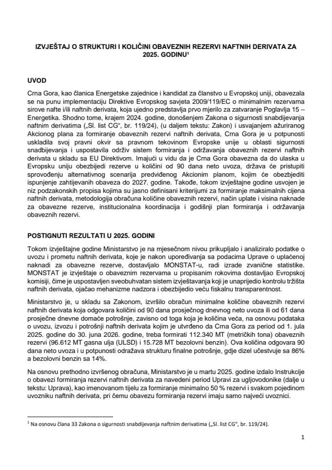 Izvještaj o strukturi i količini obaveznih rezervi naftnih derivata za 2025. godinu