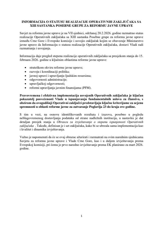 Informacija o statusu realizacije Operativnih zaključaka sa XIII sastanka Posebne grupe za reformu javne uprave