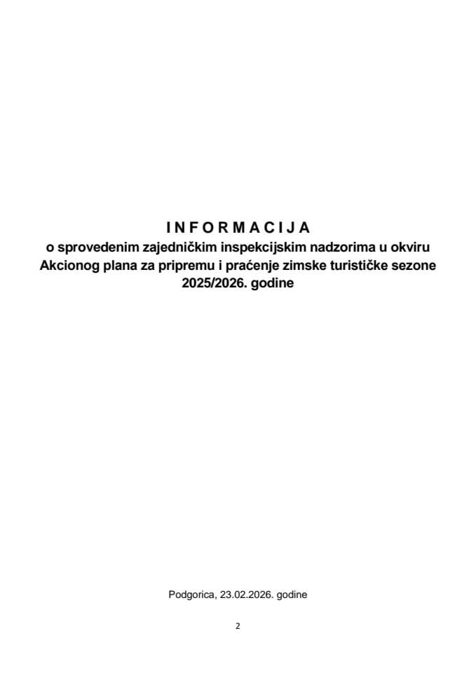 Informacija o sprovedenim zajedničkim inspekcijskim nadzorima u okviru Akcionog plana za pripremu i praćenje zimske turističke sezone 2025/2026. godine