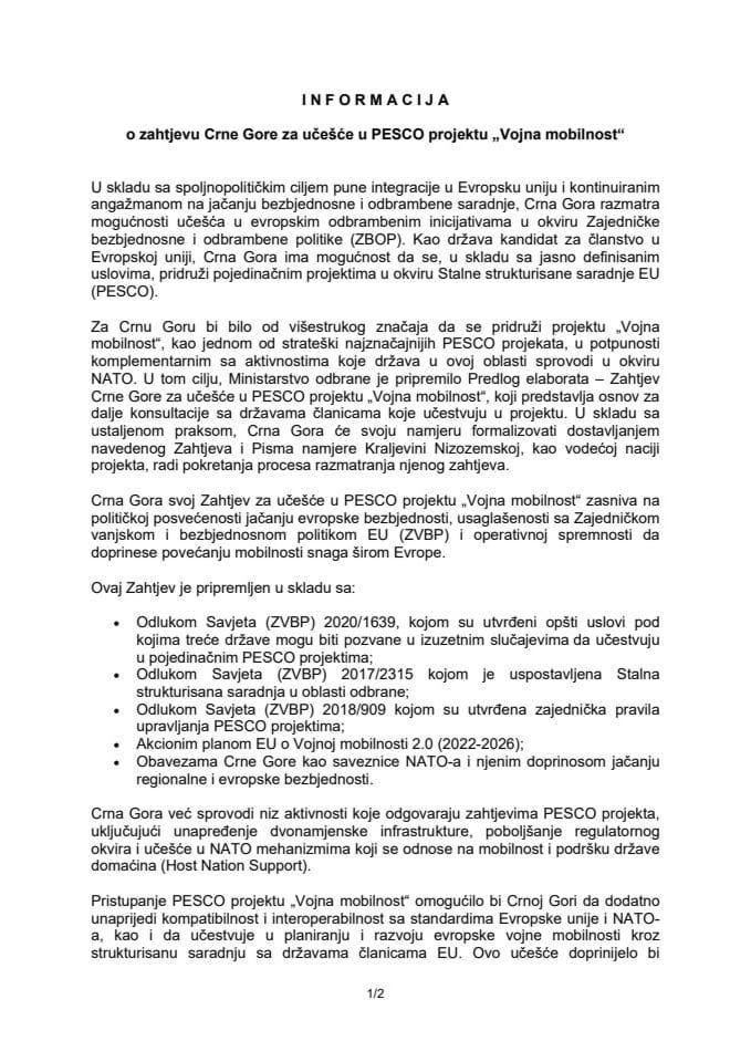 Informacija o zahtjevu Crne Gore za učešće u PESCO projektu „Vojna mobilnost“