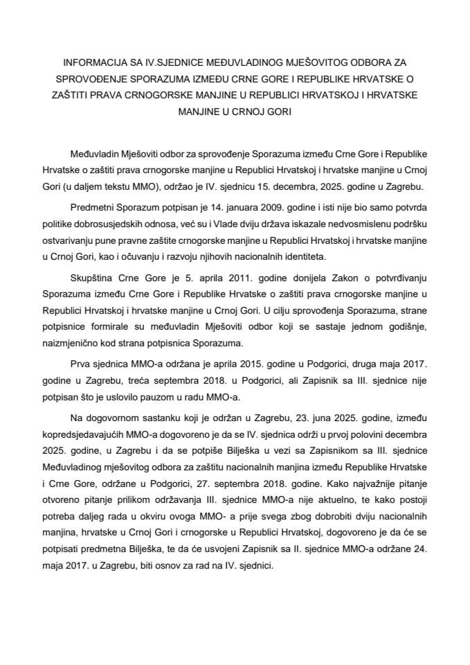 Informacija sa IV sjednice međuvladinog Mješovitog odbora za sprovođenje Sporazuma između Crne Gore i Republike Hrvatske o zaštiti prava crnogorske manjine u Republici Hrvatskoj i hrvatske manjine u Crnoj Gori
