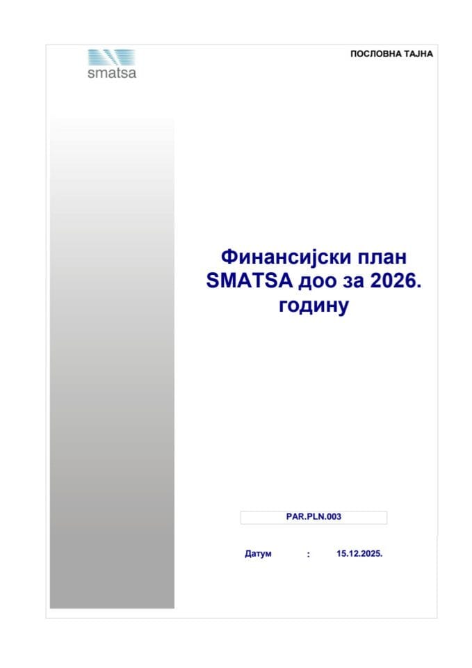 Predlog finansijskog plana Kontrole letenja Srbije i Crne Gore SMATSA d.o.o. Beograd za 2026. godinu