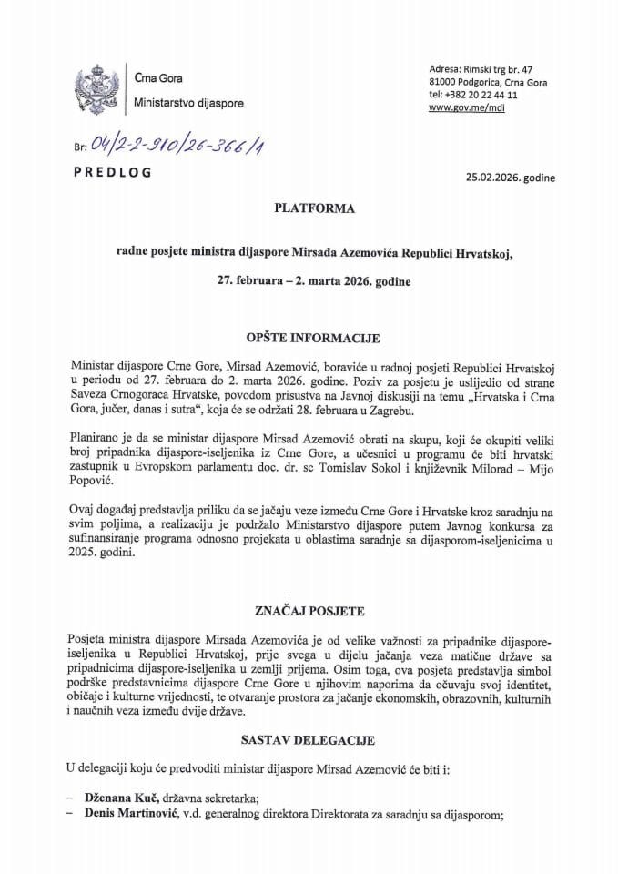 Predlog platforme radne posjete ministra dijaspore Mirsada Azemovića Republici Hrvatskoj, 27. februara - 2. marta 2026. godine