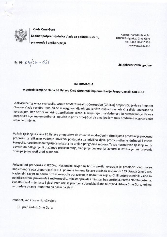 Informacija o potrebi izmjene člana 86 Ustava Crne Gore radi implementacije Preporuke xiii GRECO- a