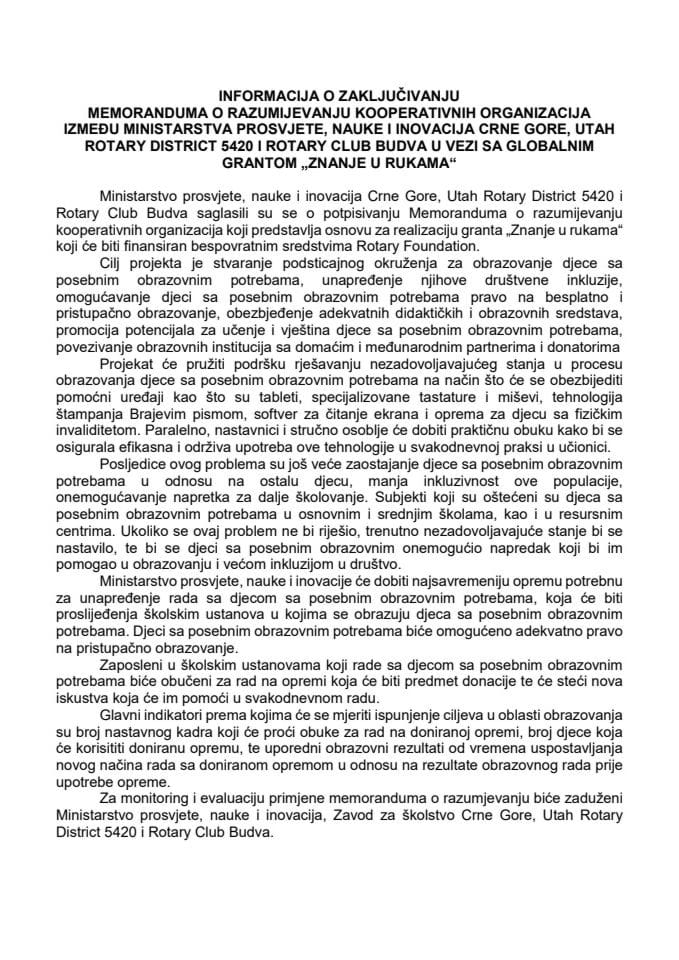 Informacija o zaključivanju Memoranduma o razumijevanju kooperativnih organizacija između Ministarstva prosvjete, nauke i inovacija Crne Gore, Utah Rotary District 5420 i Rotary Club Budva