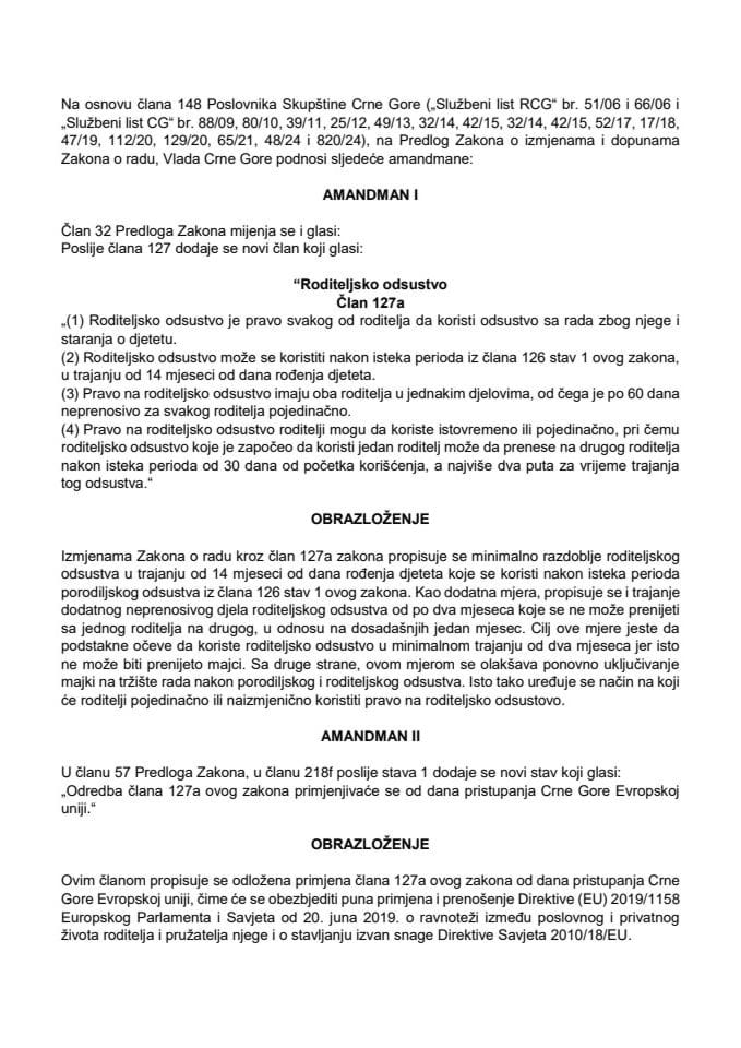 Predlog amandmana na Predlog Zakona izmjenama i dopunama Zakona o radu