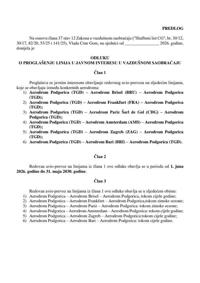 Predlog odluke o proglašenju linija u javnom interesu u vazdušnom saobraćaju