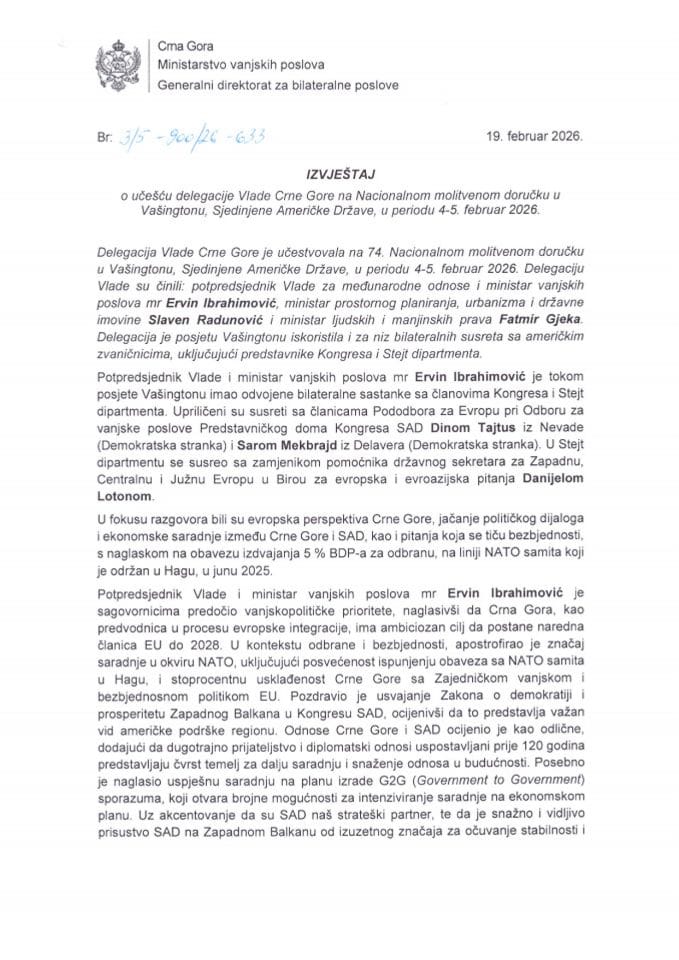 Izvještaj o učešću delegacije Vlade Crne Gore na Nacionalnom molitvenom doručku u Vašingtonu, Sjedinjene Američke Države, u periodu 4-5. februar 2026. godine