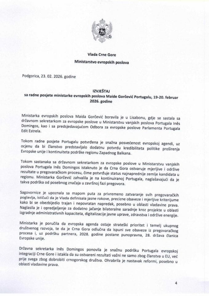 Izvještaj sa radne posjete ministarke evropskih poslova Maide Gorčević Portugalu, 19-20. februar 2026. godine