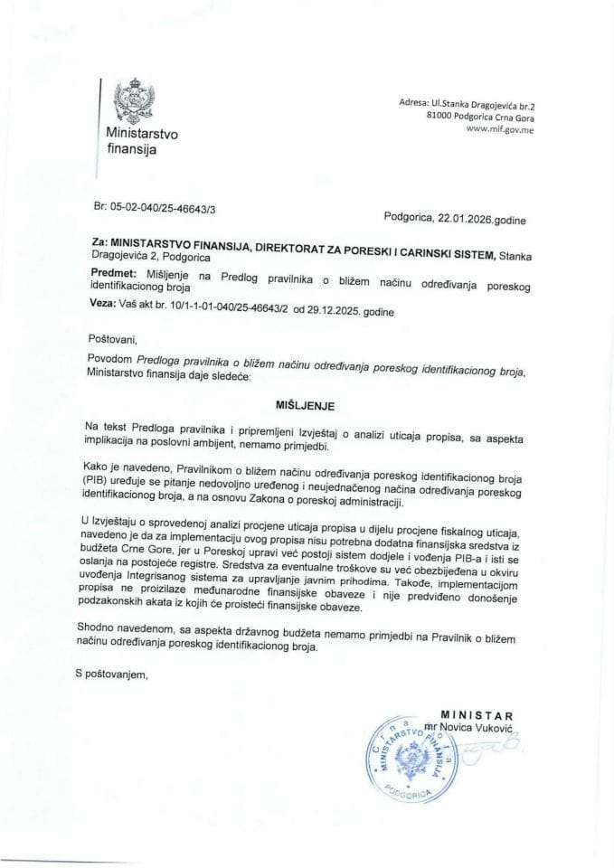 Mišljenje na Predlog pravilnika o bližem načinu određivanja poreskog identifikacionog broja