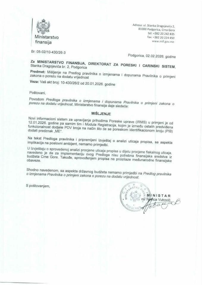 Mišljenje na Predlog pravilnika o izmjenama i dopunama Pravilnika o primjeni zakona o porezu na dodatu vrijednost