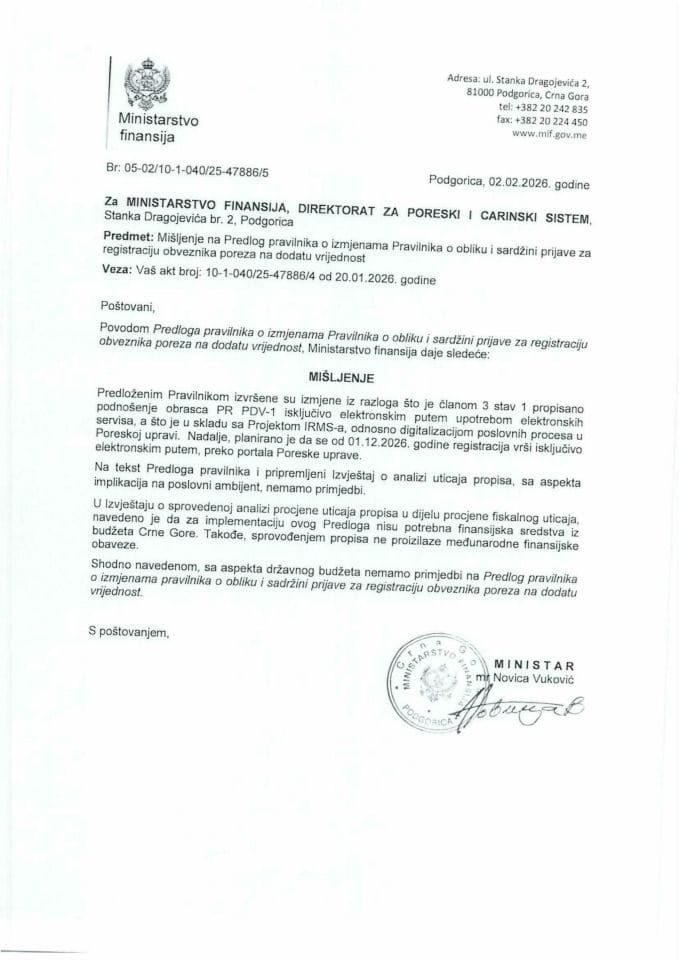 Mišljenje na Predlog pravilnika o izmjenama Pravilnika o obliku i sadržini prijave za registraciju obveznika poreza na dodatu vrijednost