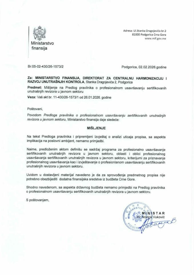 Mišljenje na Predlog pravilnika o profesionalnom usavršavanju sertifikovanih unutrašnjih revizora u javnom sektoru