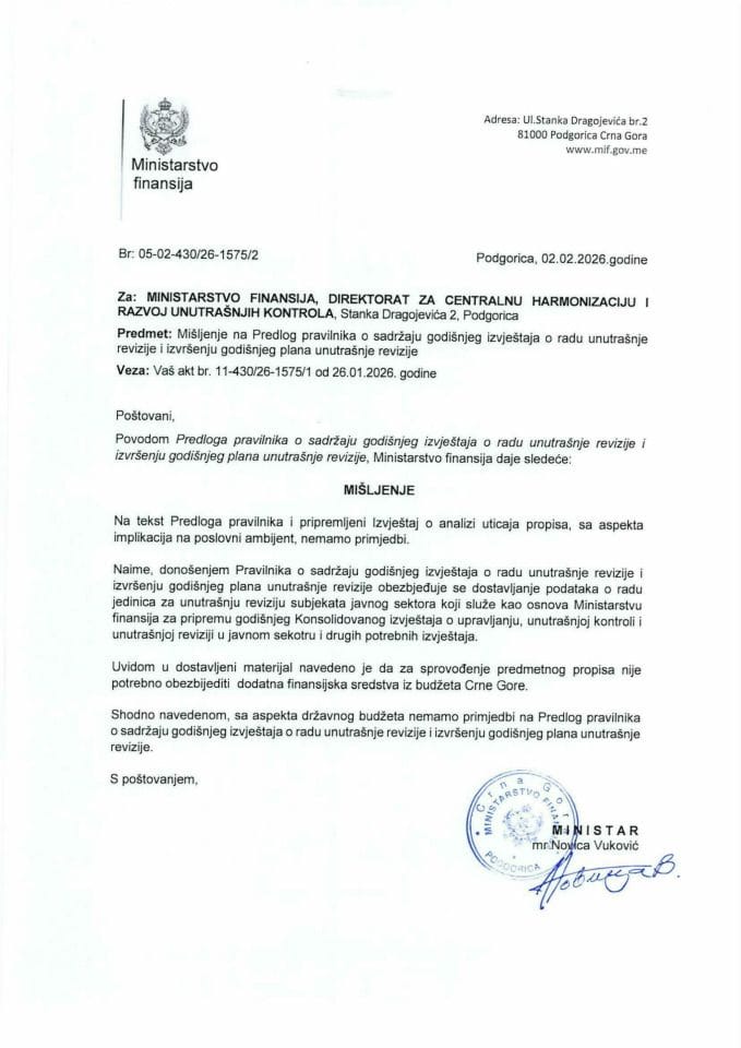 Mišljenje na Predlog pravilnika o sadržaju godišnjeg izvještaja o radu unutrašnje revizije i izvršenju godišnjeg plana unutrašnje revizije