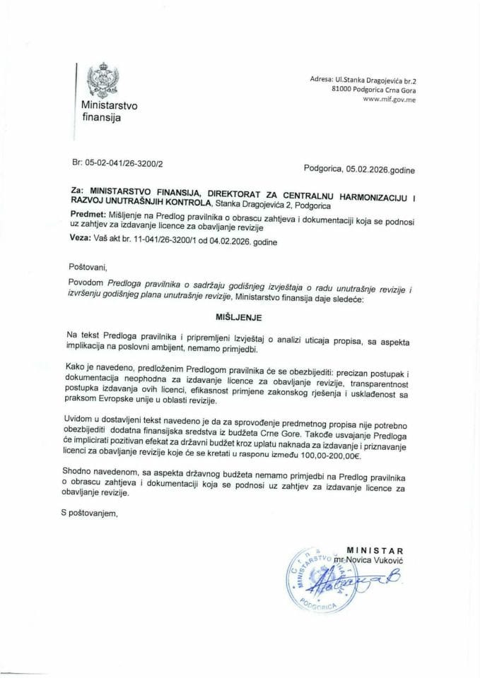 Mišljenje na Predlog pravilnika o obrascu zahtjeva i dokumentaciji koja se podnosi uz zahtjev za izdavanje licence za obavljanje revizije