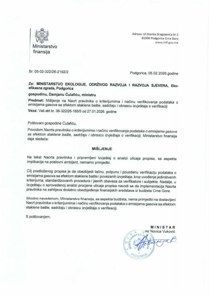 Mišljenje na Nacrt pravilnika o kriterijumima i načinu verifikovanja podataka o emisijama gasova saefektom staklene bašte, sadržaju i obrascu izvještaja o verifikaciji