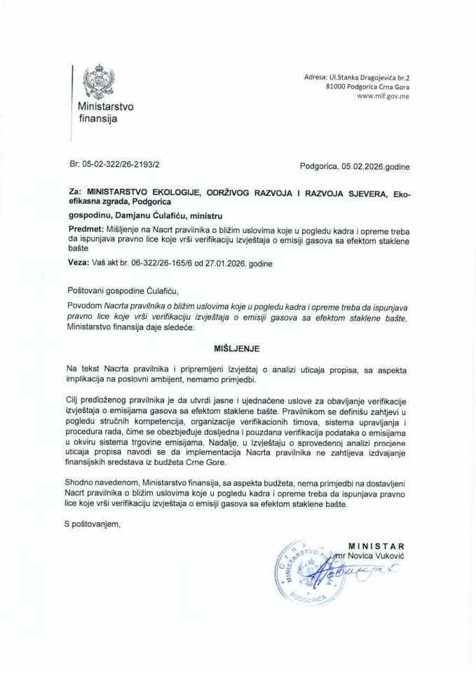 Mišljenje na Nacrt pravilnika o bližim uslovima koje u pogledu kadra i opreme treba da ispunjava pravno lice koje vrši verifikaciju izvještaja o emisiji gasova sa efektom staklene bašte