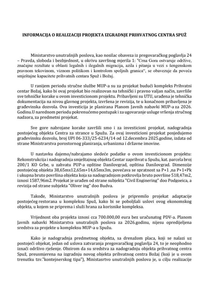 Informacija o realizaciji projekta izgradnje prihvatnog centra u Spužu