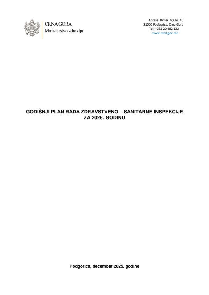 ГОДИШЊИ ПЛАН РАДА ЗДРАВСТВЕНО – САНИТАРНЕ ИНСПЕКЦИЈЕ ЗА 2026. ГОДИНУ