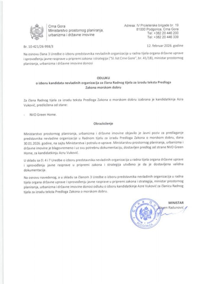 Одлука о избору кандидата НВО за члана Радног тијела за израду текста Предлога Закона о морском добру