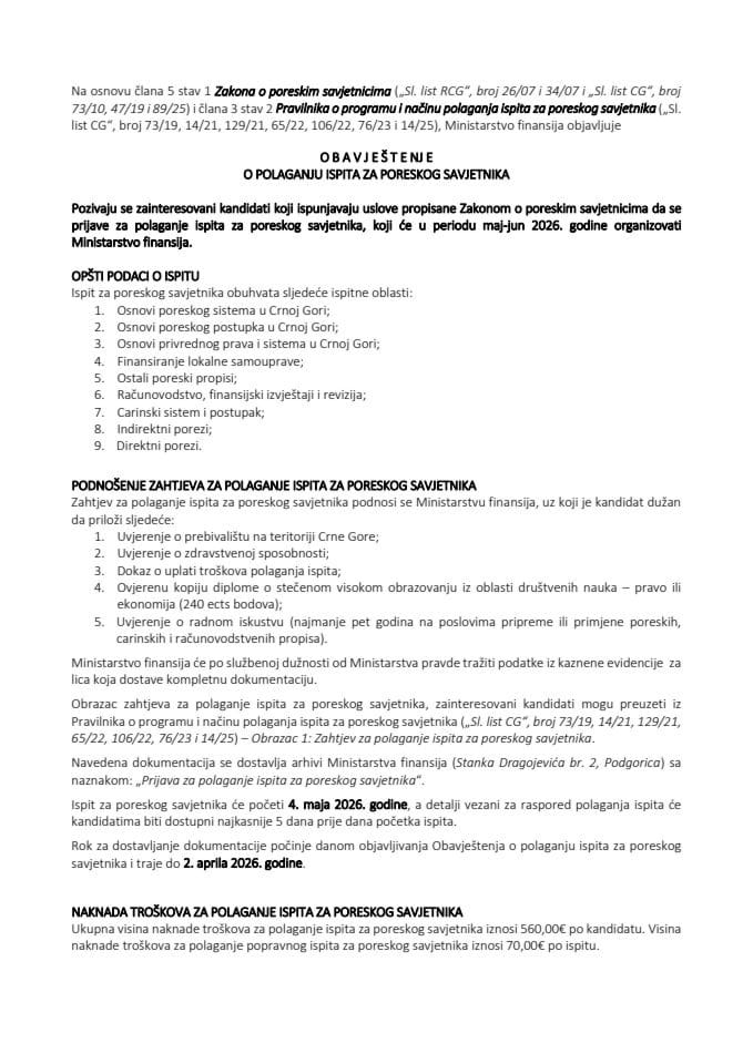 Obavještenje o polaganju ispita za poreskog savjetnika