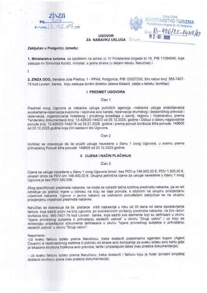 Ugovor za pružanje usluga putničkih agencija - nabavka usluga snadbijevanja aviokartama-rezervacijama