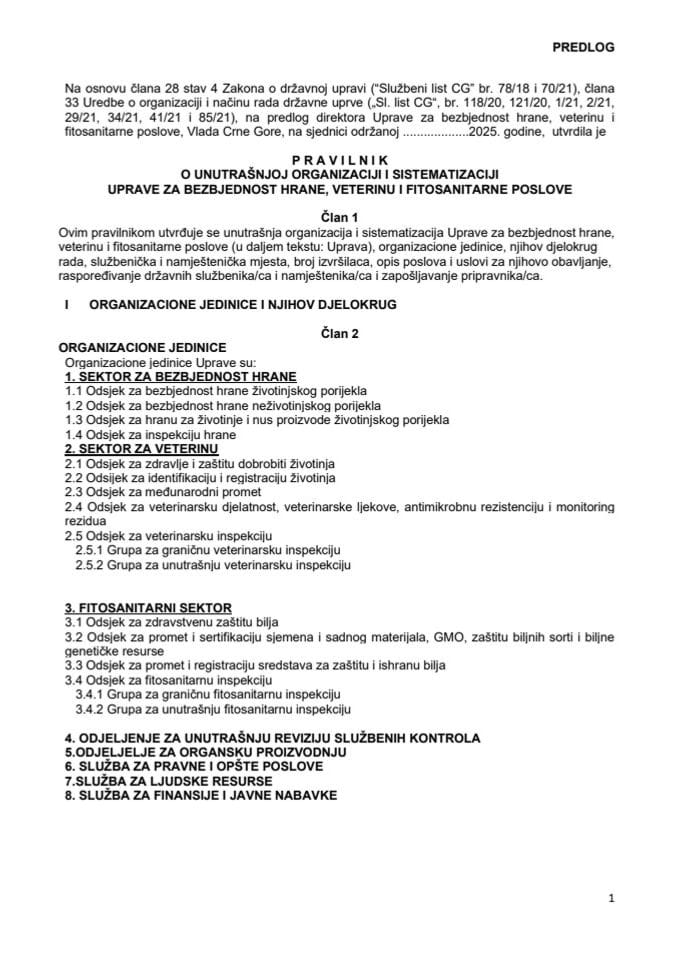 Pravilnik o unutrasnjoj organizaciji i sistematizaciji Uprave za bezjednost hrane veterinu i fitosanitarne poslove